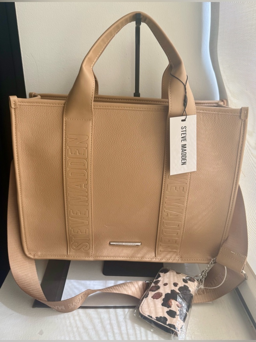 Steve Madden Beige Tote Bag with Logo Strap
